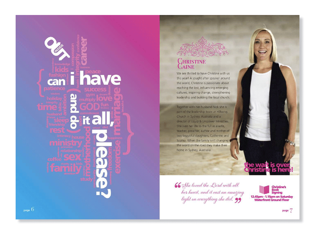 Focusfest 2010, 'Inside Out' handbook double page spread on seminar speaker Christine Caine.