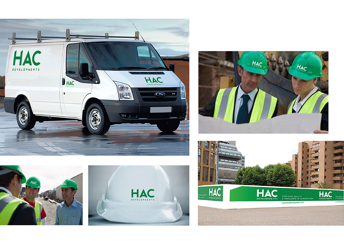 HAC Developments, brand development, vehicle livery, hard hats, site signage, workwear.